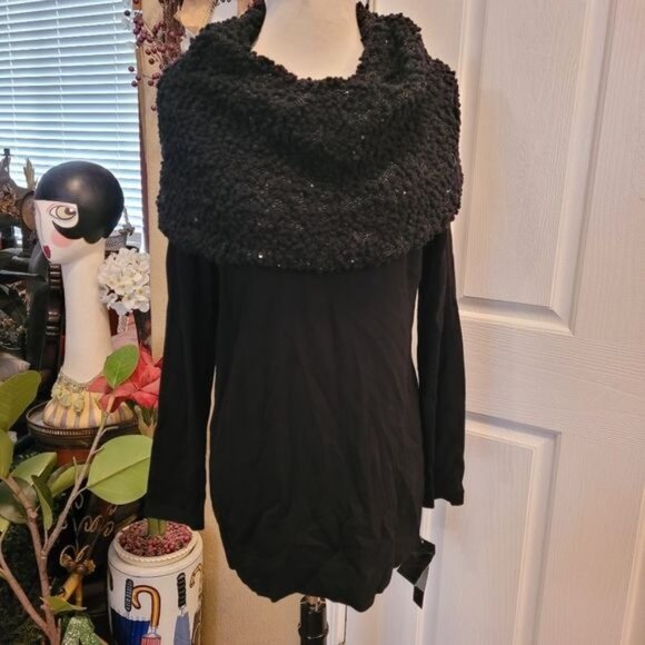 New Pretty Sweater Cowl Neck Turtleneck Black Sequins Medium Formal Alfani - Picture 1 of 8